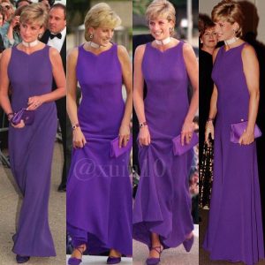 Princess Diana in Chicago in 1996 wearing a purple dress by Versace 